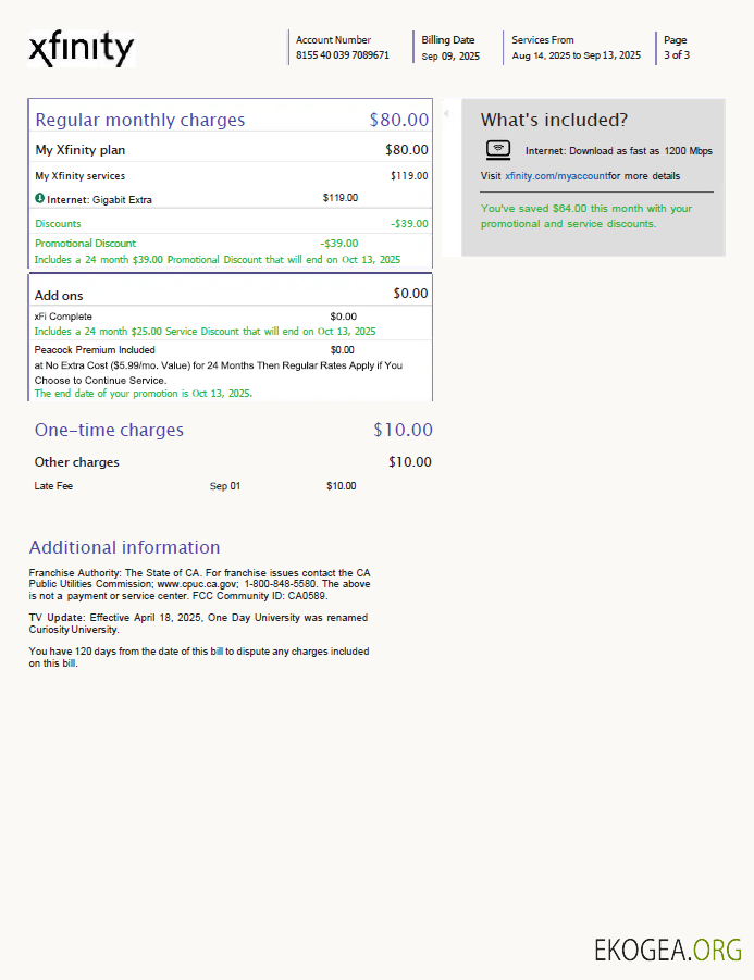 Usa Xfinity utility bill template in word and pdf formats, 3 pages, version 3, 3rd page template